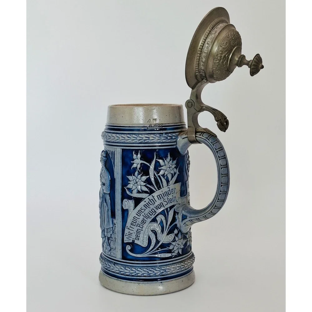 Vintage German 1L Beer Stein Cobalt Relief Pewter Lid #789 Einladung zum Tanz